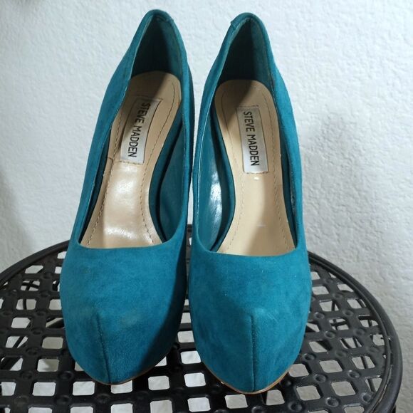 STEVE MADDEN BABYLON TEAL GREEN SUADE PLATFORM HEELS SZ.6M GUC - Picture 2 of 9
